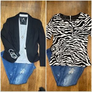2 INC Pieces. Black blazer with white accents and zebra print pea plum shirt.